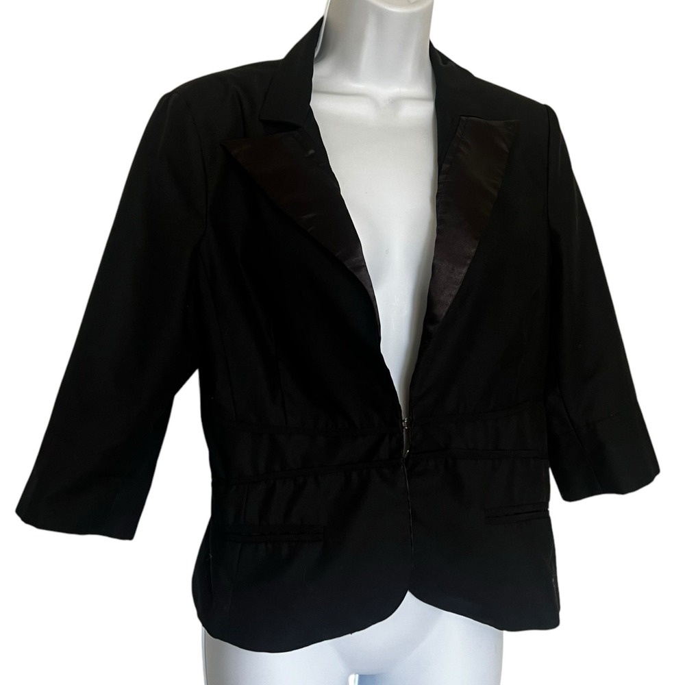 Arden B Womens Blazer Size L Black Excellent Vintage Y2K Satin Trim Cropped